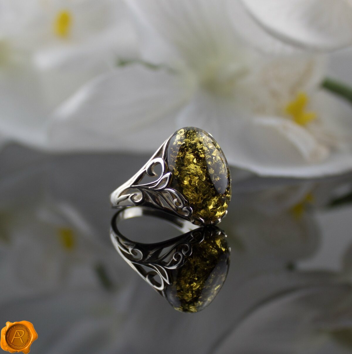 Green Amber Silver Ring - Image 1
