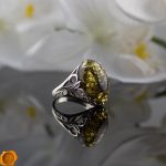 Green Amber Silver Ring