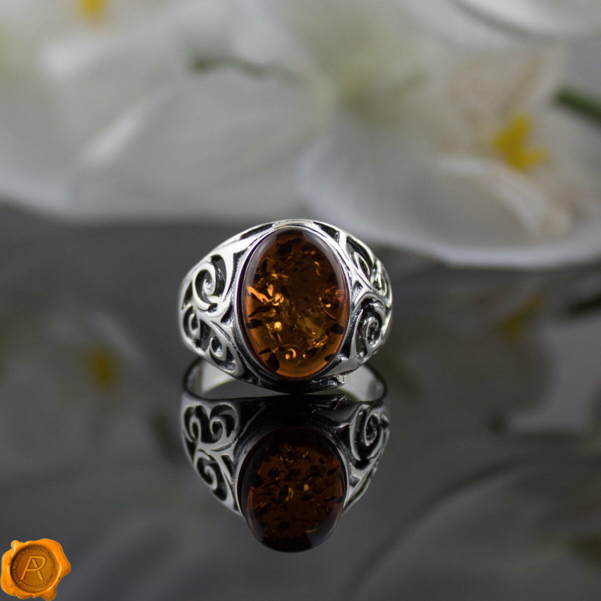 Men's Cognac Amber Silver Ring - Image 3