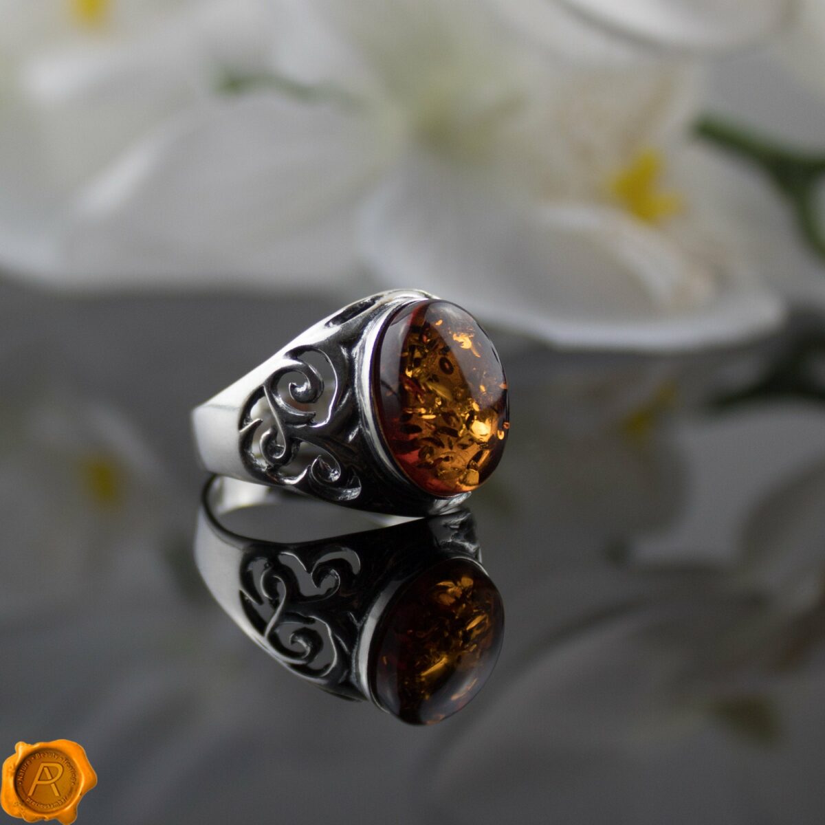 Men's Cognac Amber Silver Ring - Image 1