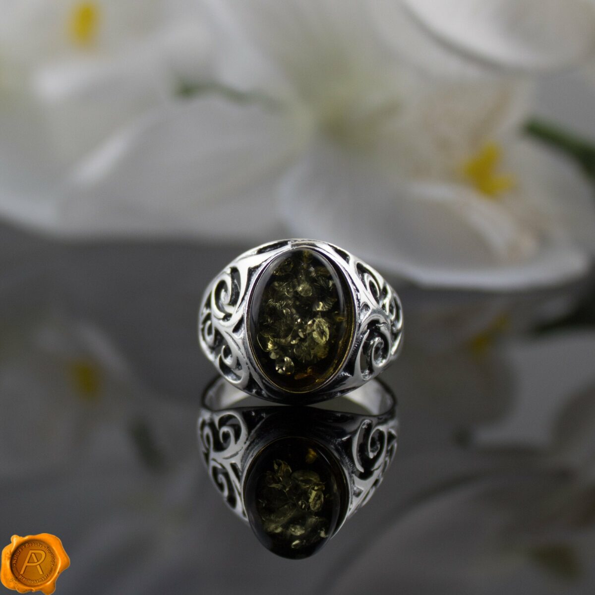 Men's Green Amber Silver Ring - Image 3