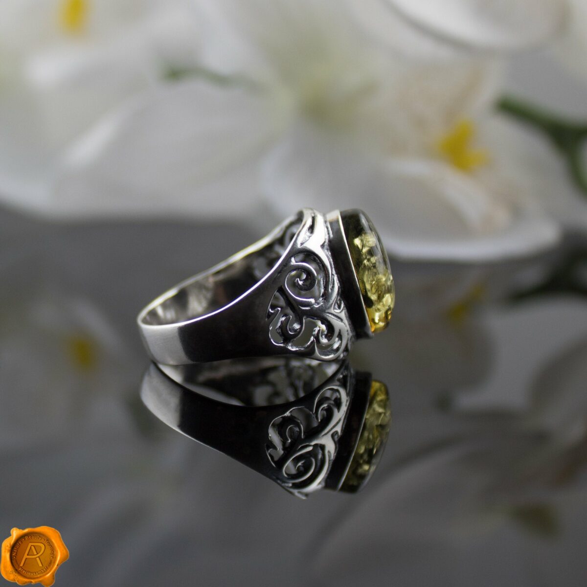 Men's Green Amber Silver Ring - Image 4