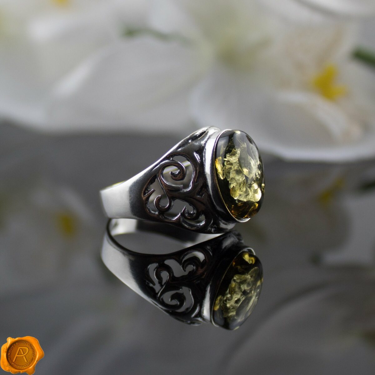 Men's Green Amber Silver Ring - Image 1