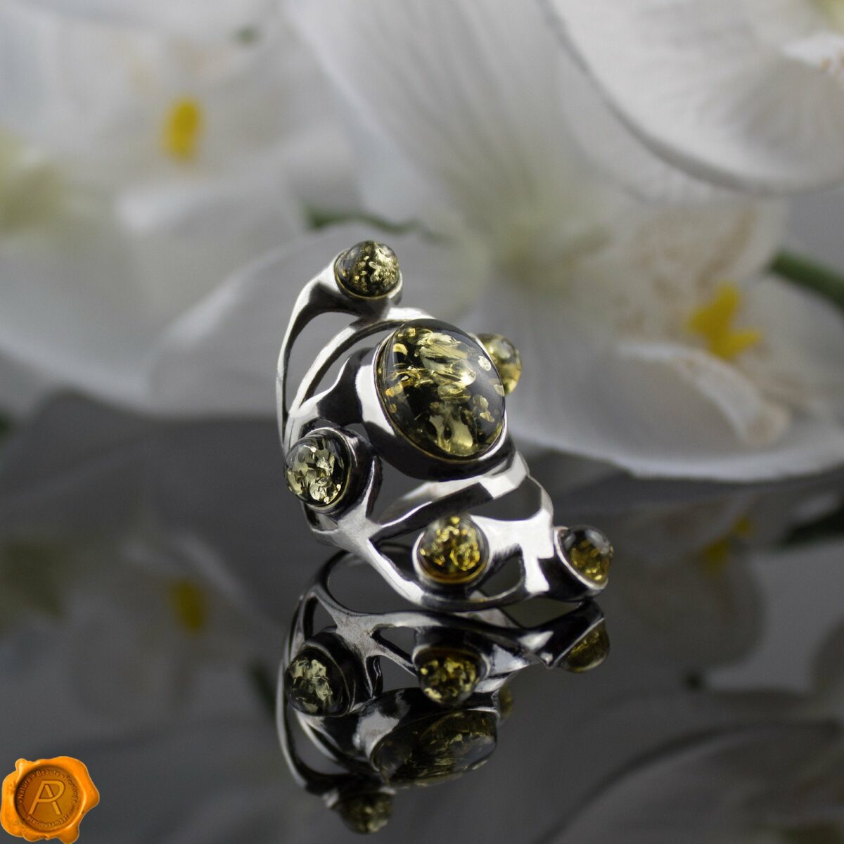 Large Green Amber Silver Ring - Image 3