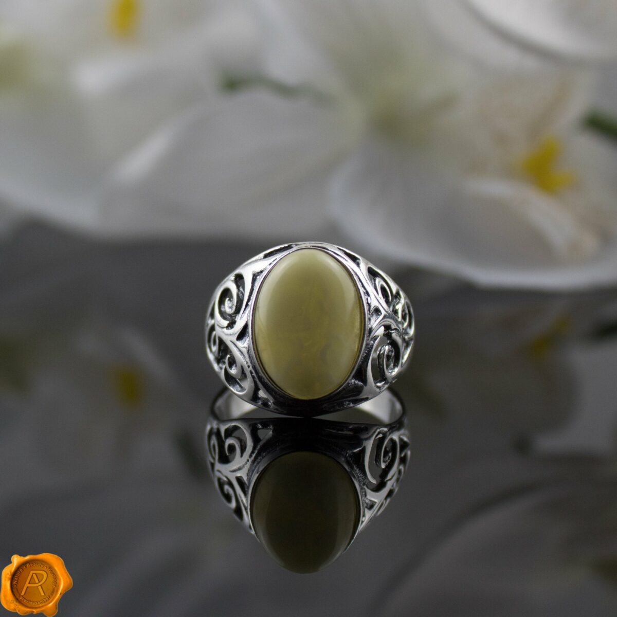 Men's Butterscotch Amber Silver Ring - Image 2