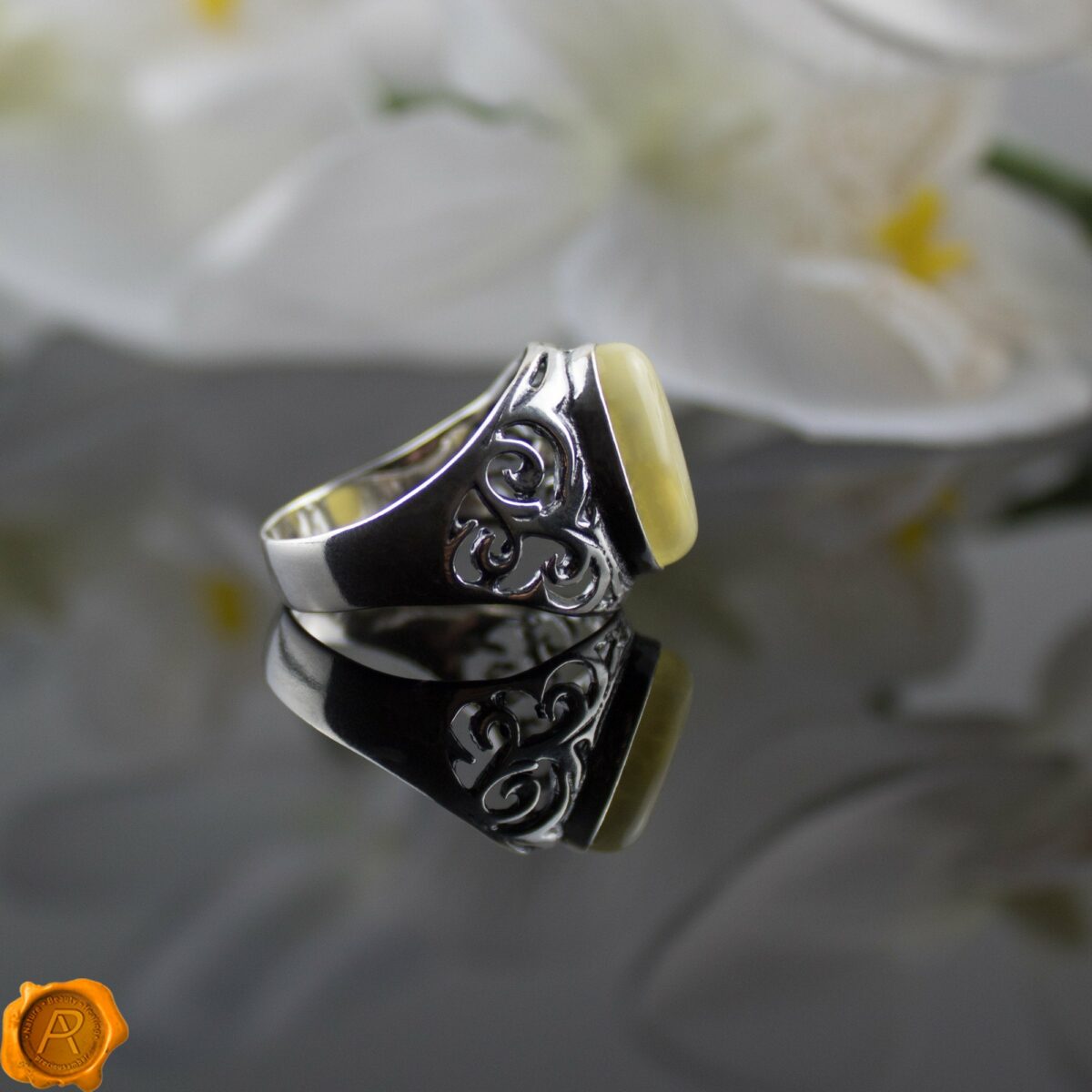 Men's Butterscotch Amber Silver Ring - Image 3