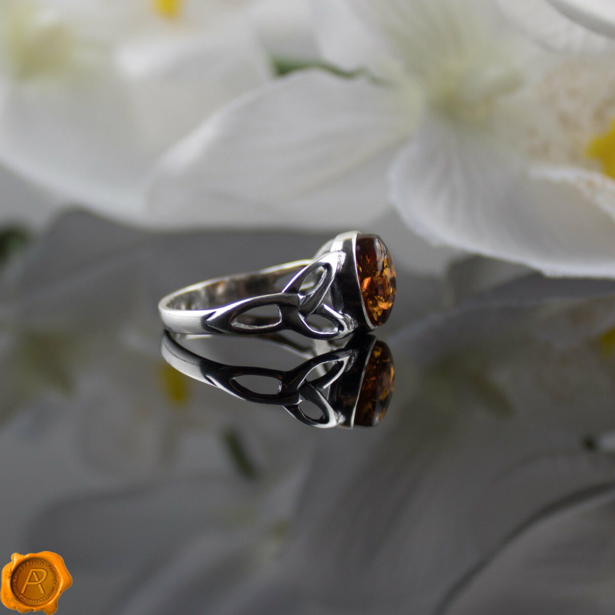 Celtic Cognac Amber Silver Ring - Image 4