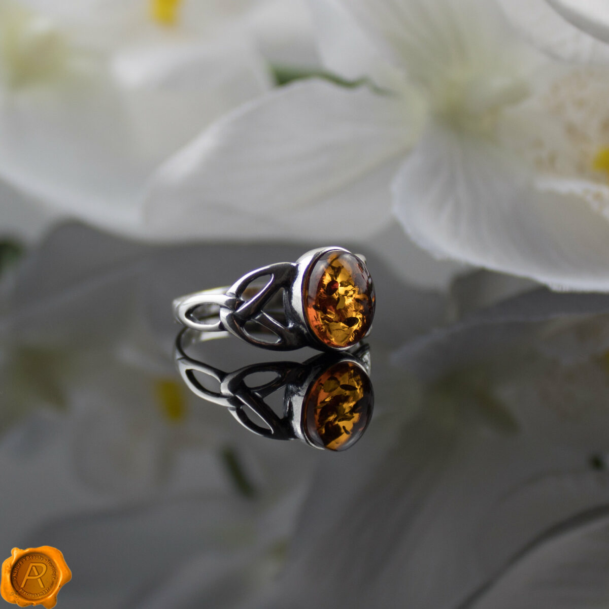 Celtic Cognac Amber Silver Ring - Image 3