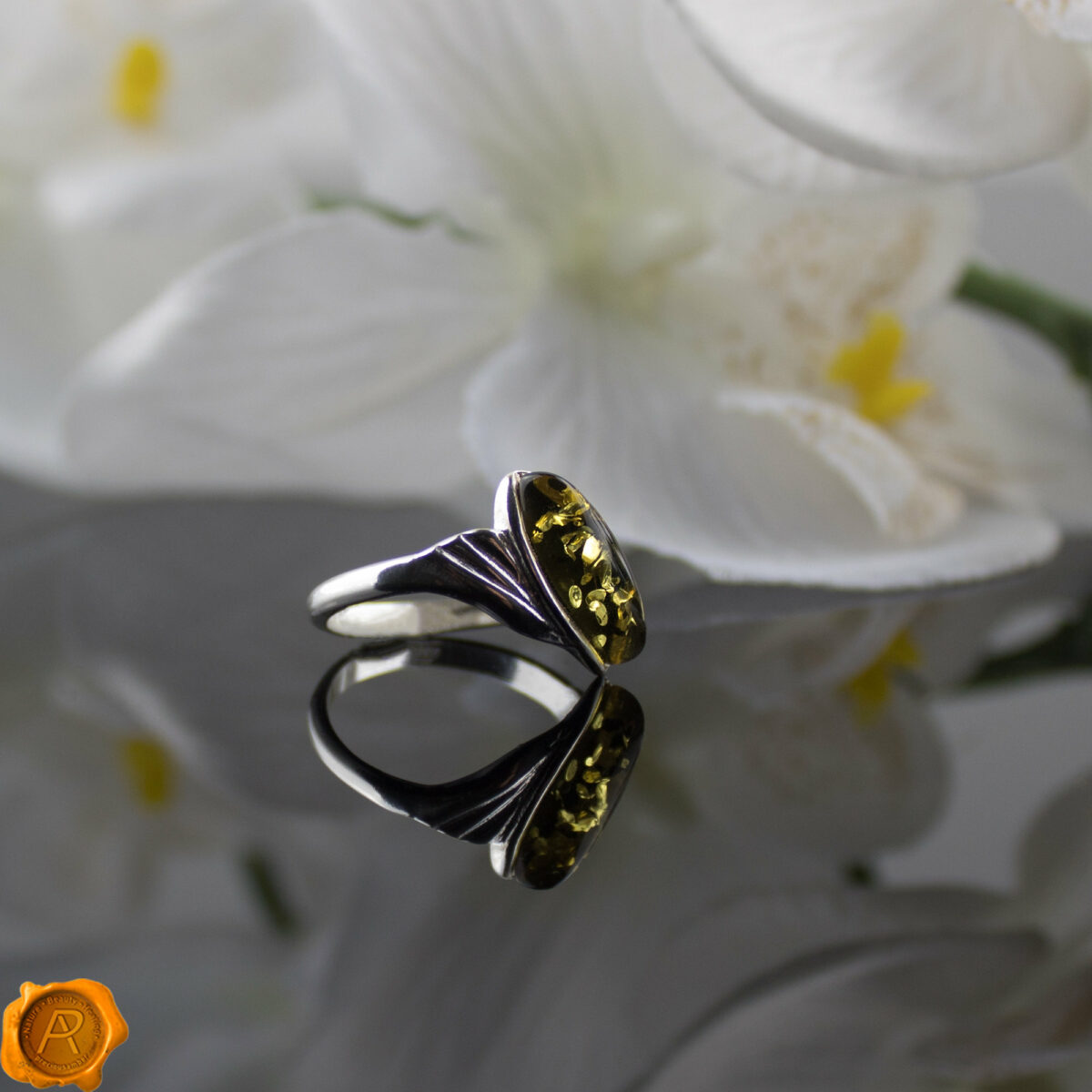 Green Amber Silver Ring - Image 3