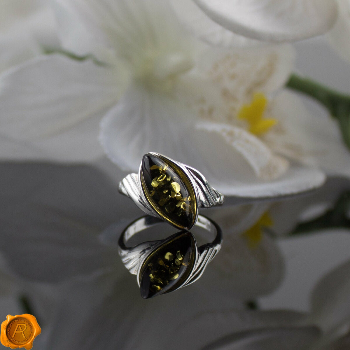 Green Amber Silver Ring - Image 1