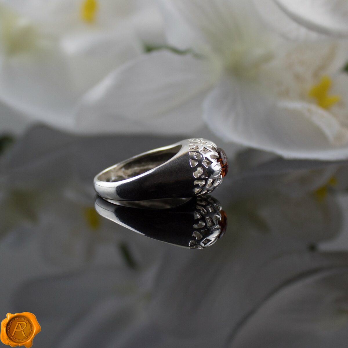 Large Cognac Amber Silver Ring - Image 4