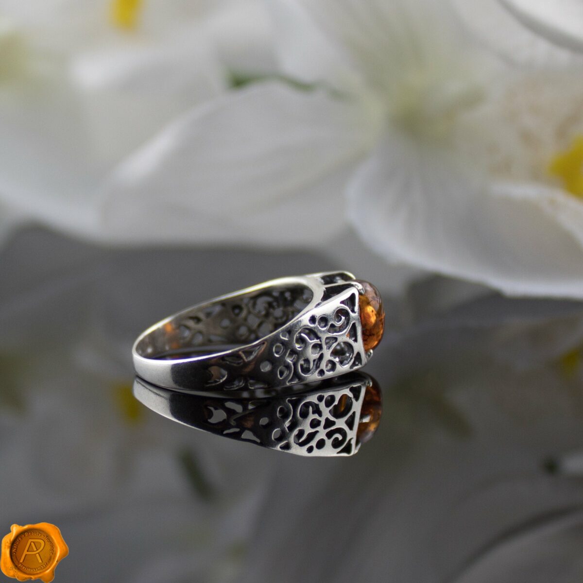 Unisex Amber Silver Ring - Image 4