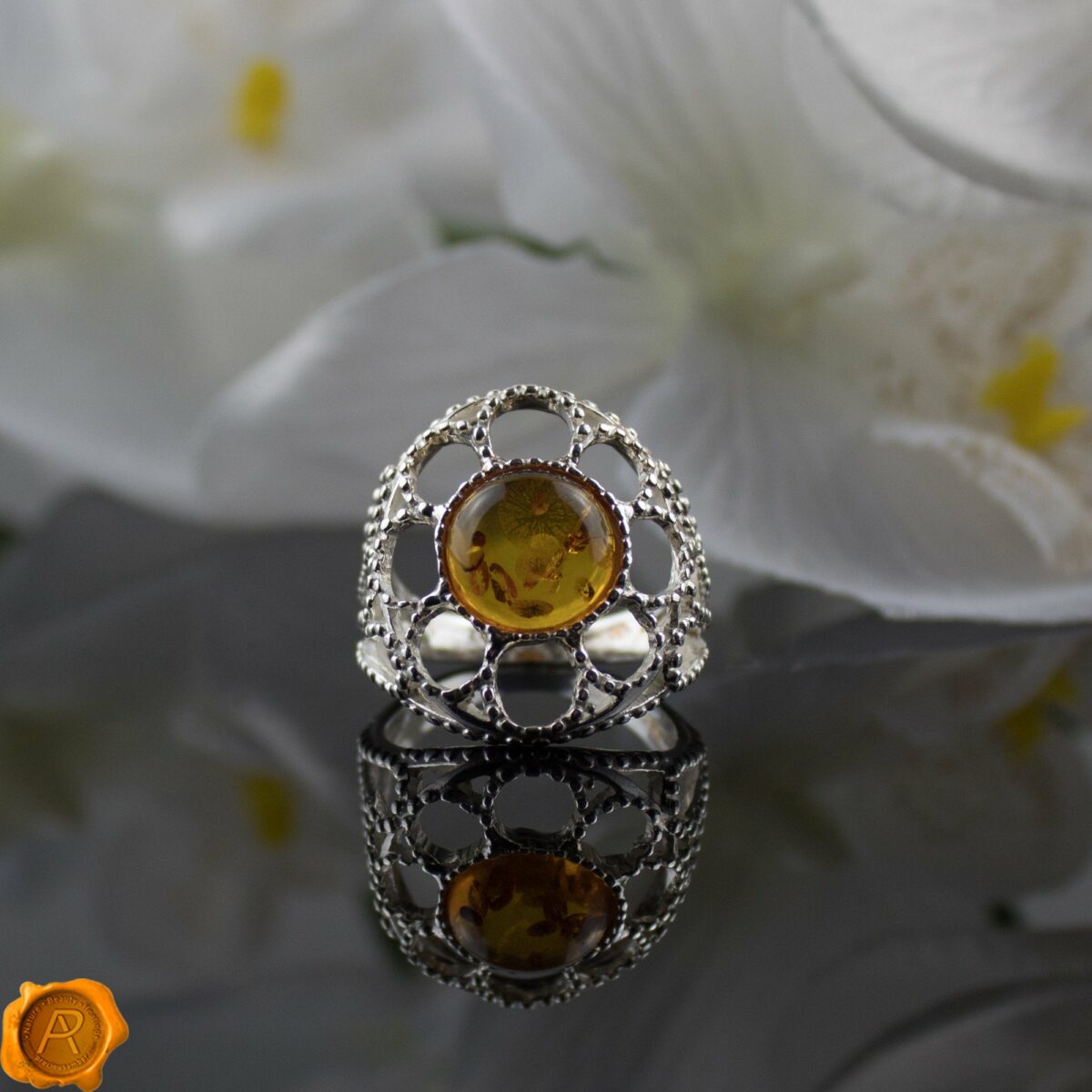 Large Cognac Amber Silver Ring - Image 2
