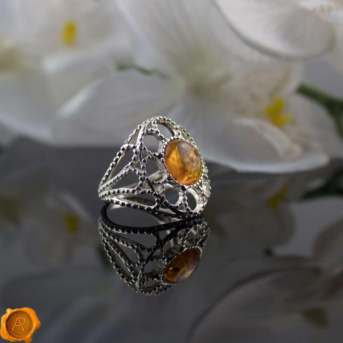 Large Cognac Amber Silver Ring - Image 1