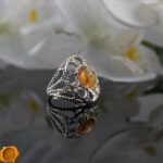 Large Cognac Amber Silver Ring