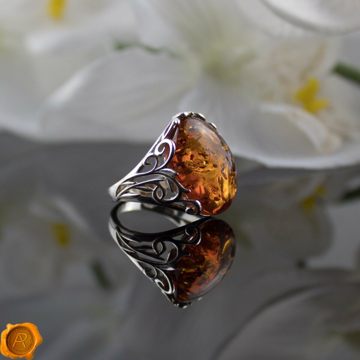 Cognac Amber Silver Ring - Image 1