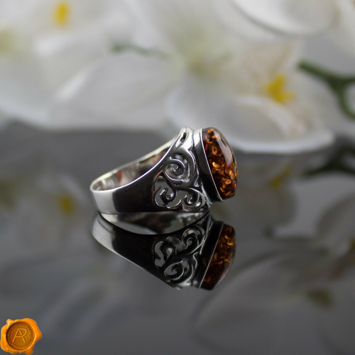 Men's Cognac Amber Silver Ring - Image 4