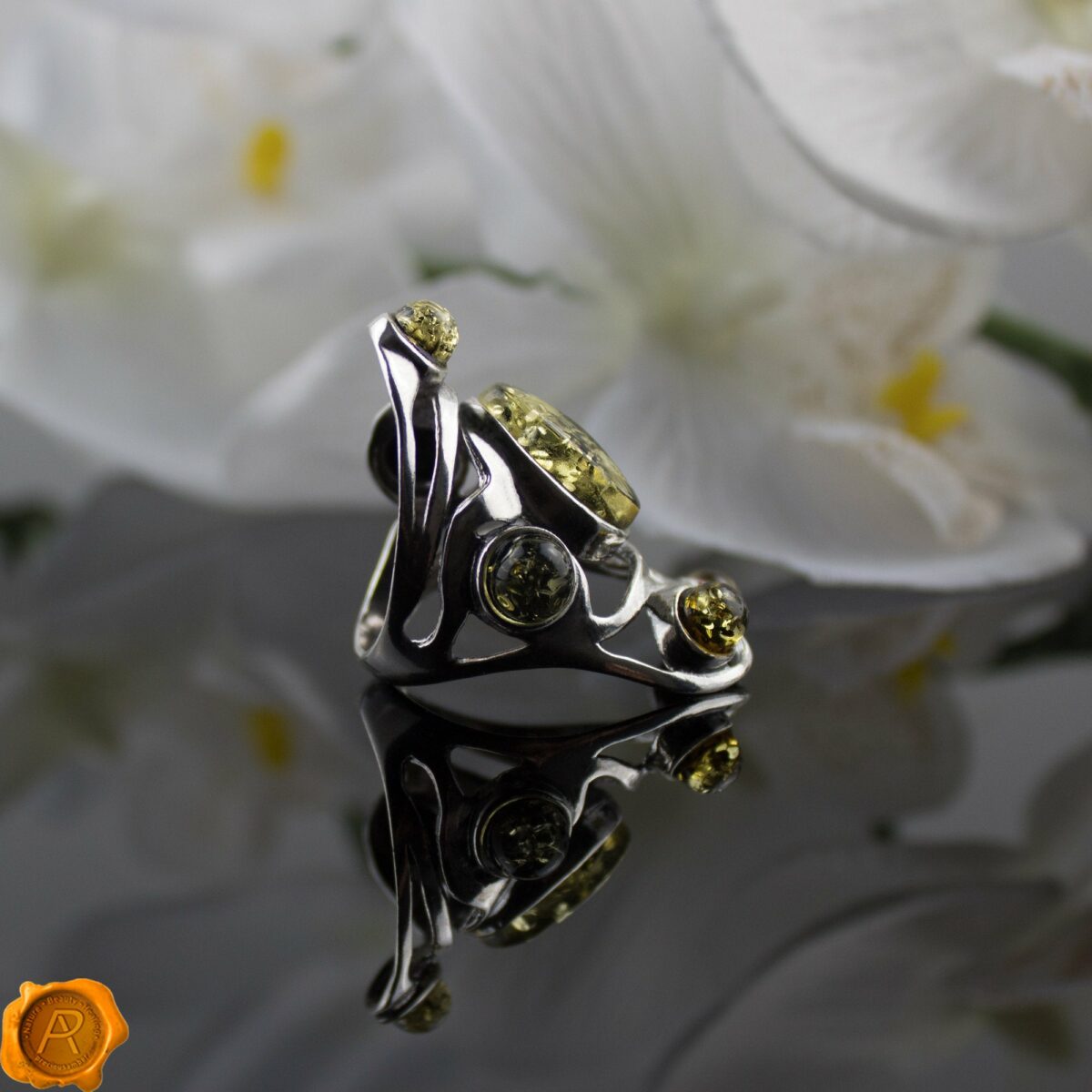 Large Green Amber Silver Ring - Image 4