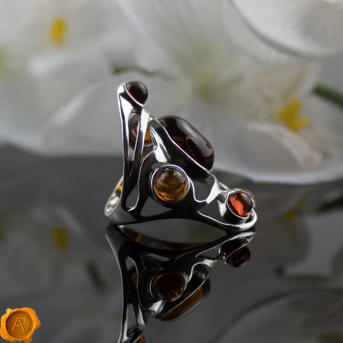 Large Cognac Amber Silver Ring - Image 3