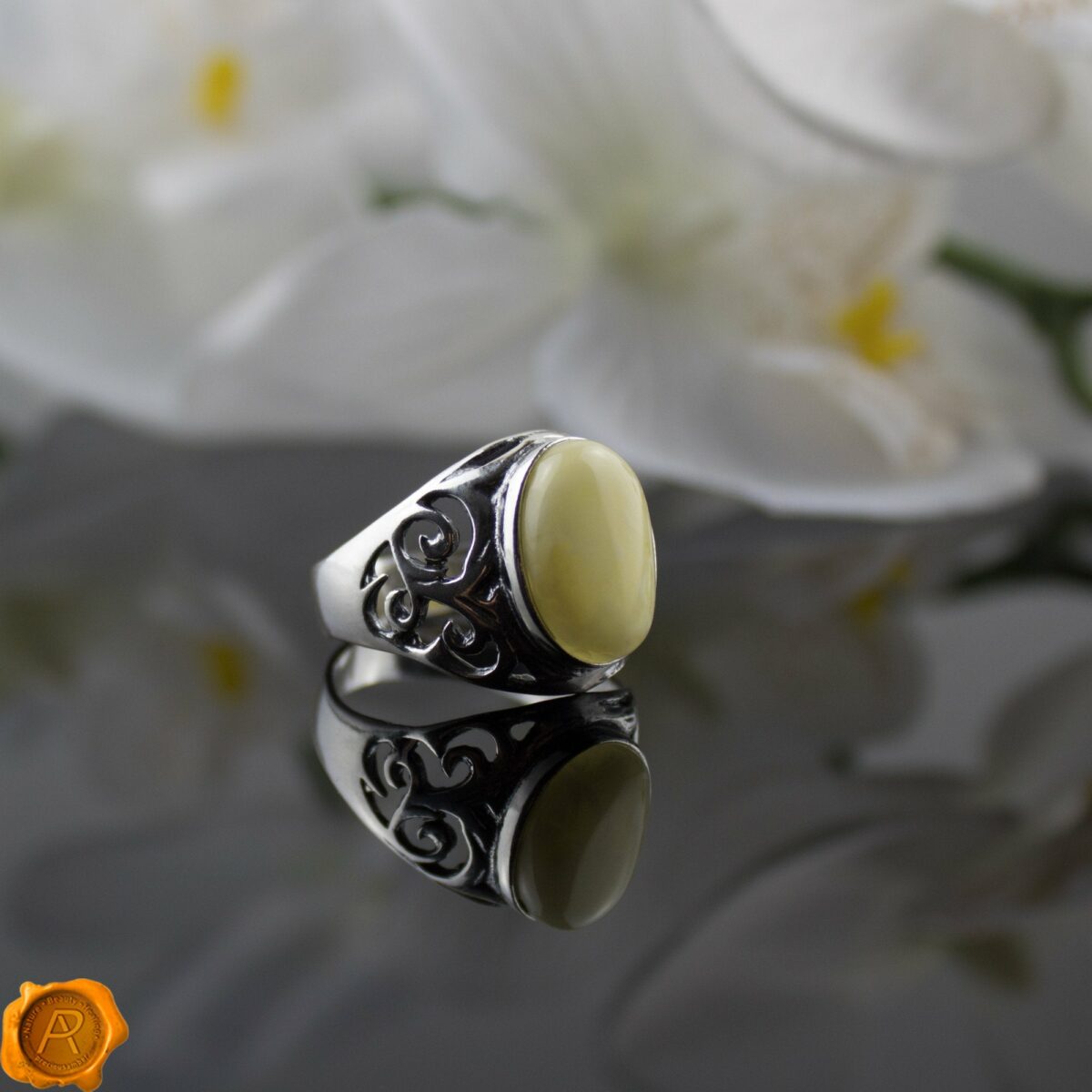 Men's Butterscotch Amber Silver Ring - Image 1
