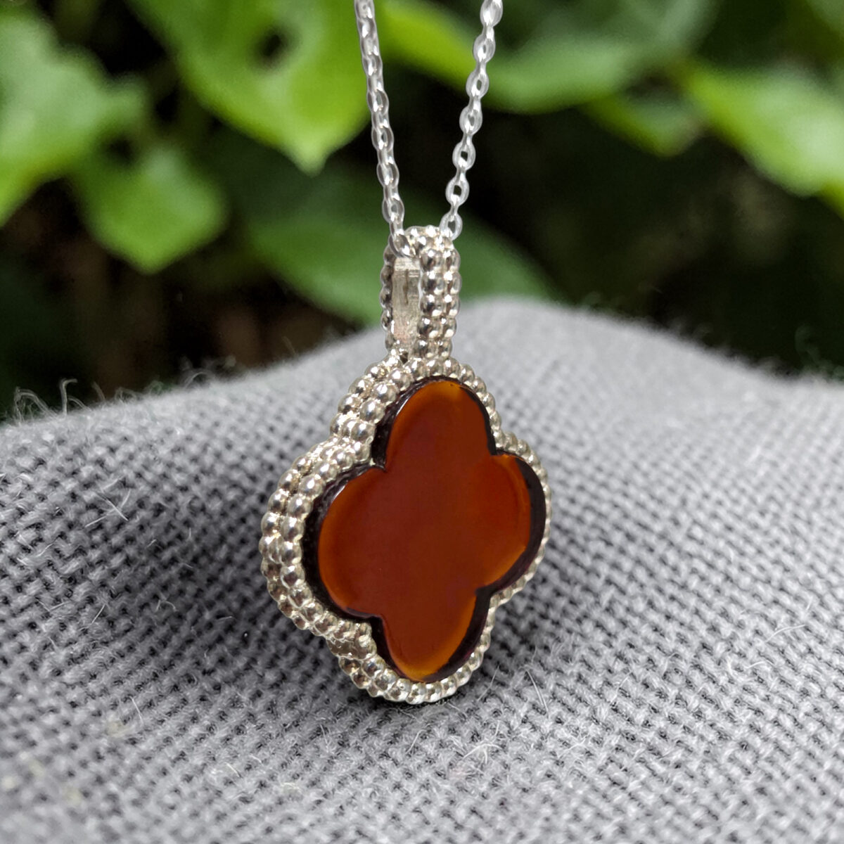 Cherry Red Baltic Amber Four Leaf Luck Clover Silver Teardrop Pendant Burgundy Charm Drop Gemstone Necklace Irish Jewellery
