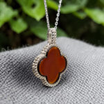 Cherry Red Baltic Amber Four Leaf Luck Clover Silver Teardrop Pendant Burgundy Charm Drop Gemstone Necklace Irish Jewellery