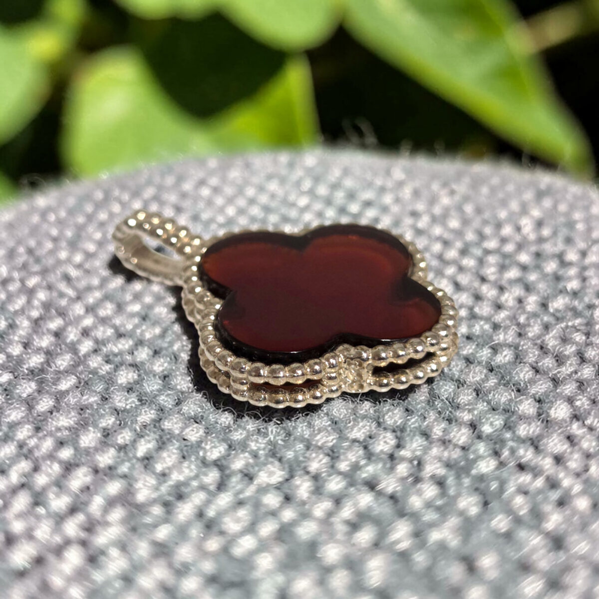 Cherry Red Baltic Amber Four Leaf Luck Clover Silver Teardrop Pendant Burgundy Charm Drop Gemstone Necklace Irish Jewellery