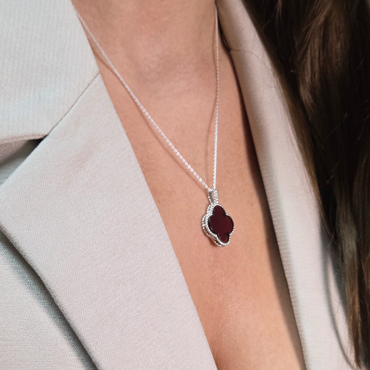 Cherry Red Baltic Amber Four Leaf Luck Clover Silver Teardrop Pendant Burgundy Charm Drop Gemstone Necklace Irish Jewellery