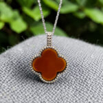 Cherry Red Baltic Amber Four Leaf Luck Clover Silver Teardrop Pendant Burgundy Charm Drop Gemstone Necklace Irish Jewellery