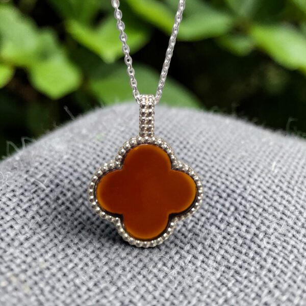 Cherry Red Baltic Amber Four Leaf Luck Clover Silver Teardrop Pendant Burgundy Charm Drop Gemstone Necklace Irish Jewellery
