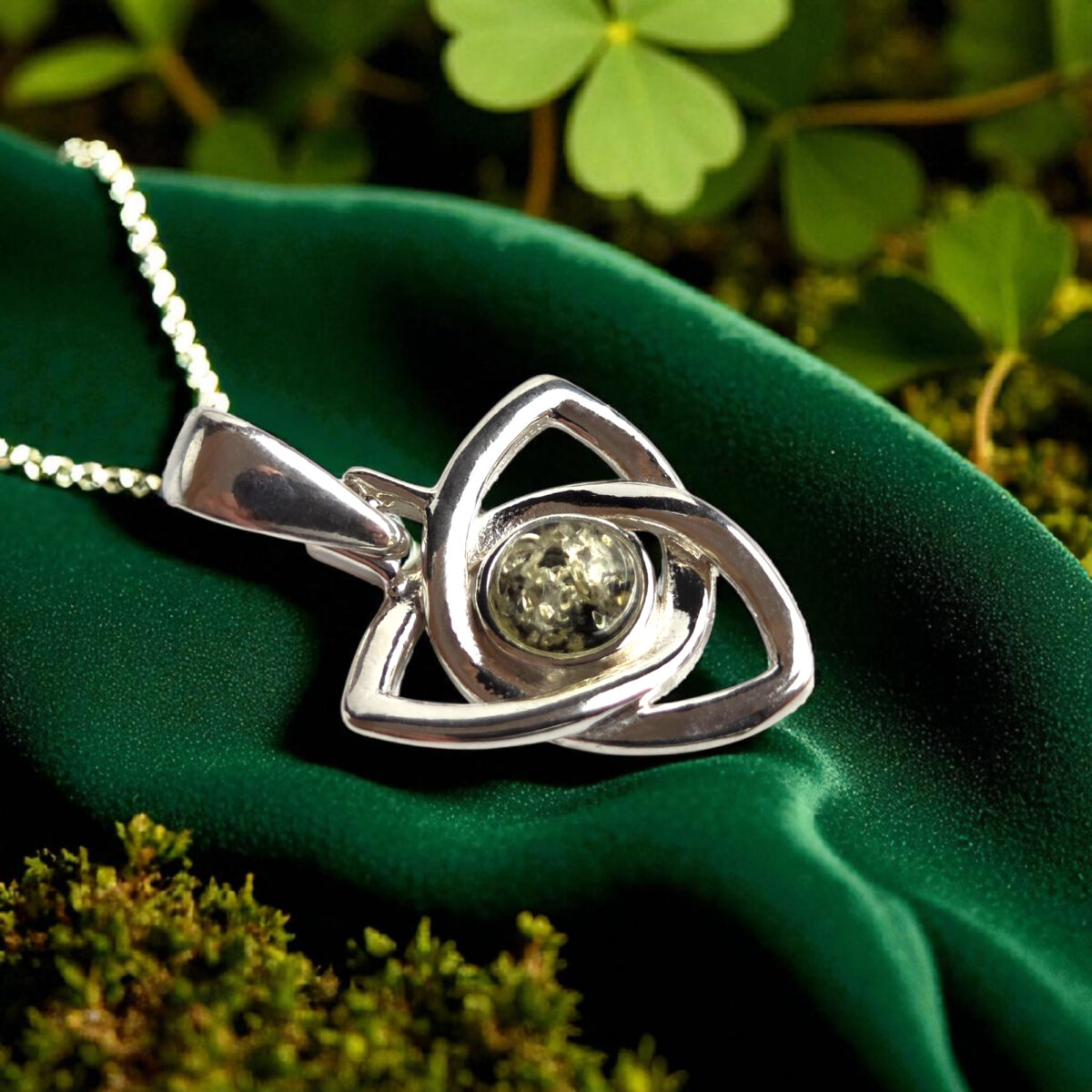 Celtic-Knot-Triangle-Pendant-Necklace-Silver-Green-Baltic-Amber-Gemstone-Stone-Irish-Jewellery-Gift-Women Celtic Triangle Knot Green Natural Amber Silver Teardrop Pendant Charm Necklace, Small Stone Drop Gemstone Irish Jewellery Gift