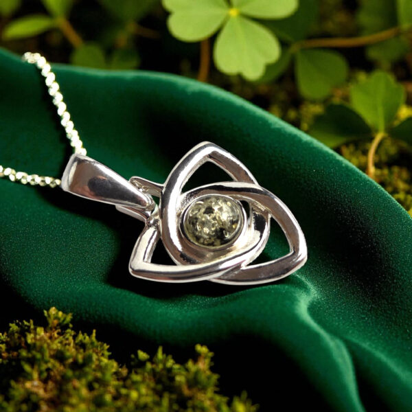 Celtic Triangle Knot Green Natural Amber Silver Teardrop Pendant Charm Necklace, Small Stone Drop Gemstone Irish Jewellery Gift