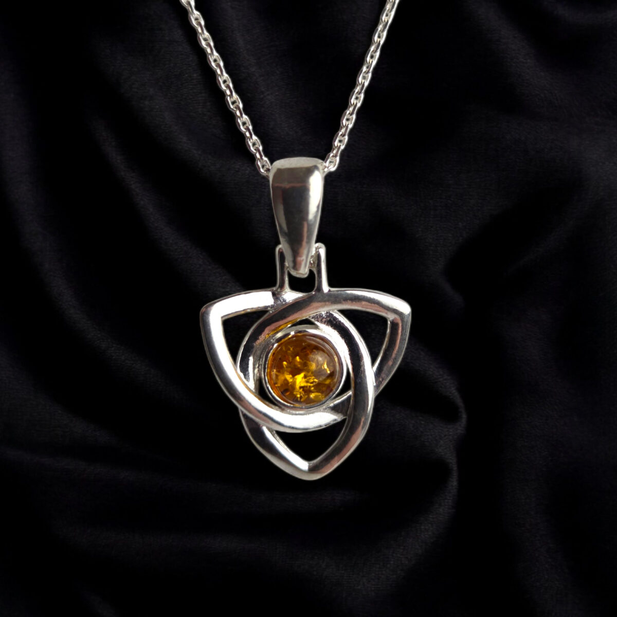 Celtic-Knot-Triangle-Pendant-Necklace-Silver-Honey-Baltic-Amber-Gemstone-Small-Stone-Irish-Jewellery-Gift-Women Celtic Triangle Knot Natural Honey Amber Silver Teardrop Pendant Charm Necklace, Small Stone Drop Gemstone Irish Jewellery Gift
