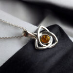 Celtic Triangle Knot Natural Honey Amber Silver Teardrop Pendant Charm Necklace, Small Stone Drop Gemstone Irish Jewellery Gift