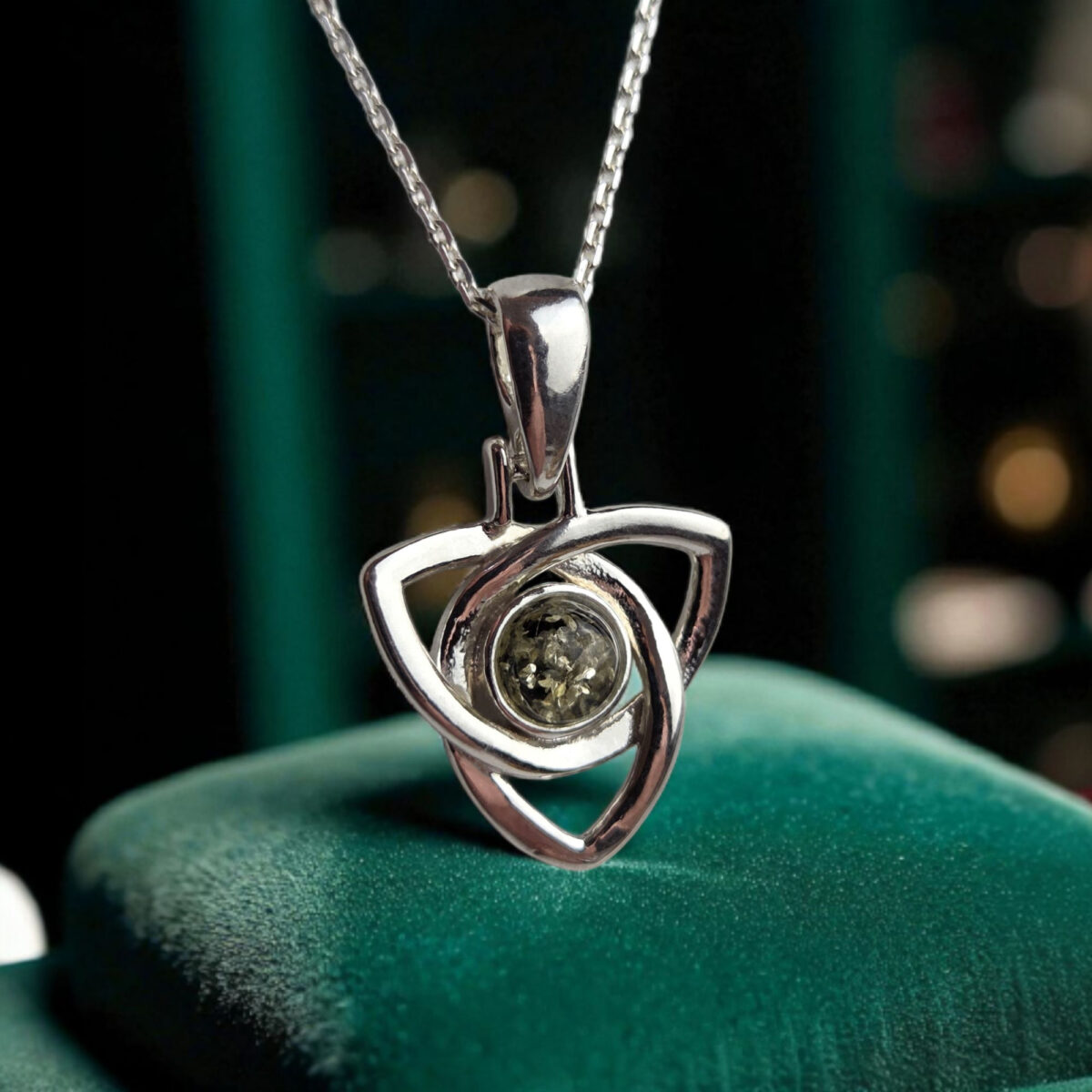 Celtic-Pendant-Necklace-Silver-Green-Baltic-Amber-Gemstone-Stone-Irish-Jewellery-Gift-Women Celtic Triangle Knot Green Natural Amber Silver Teardrop Pendant Charm Necklace, Small Stone Drop Gemstone Irish Jewellery Gift