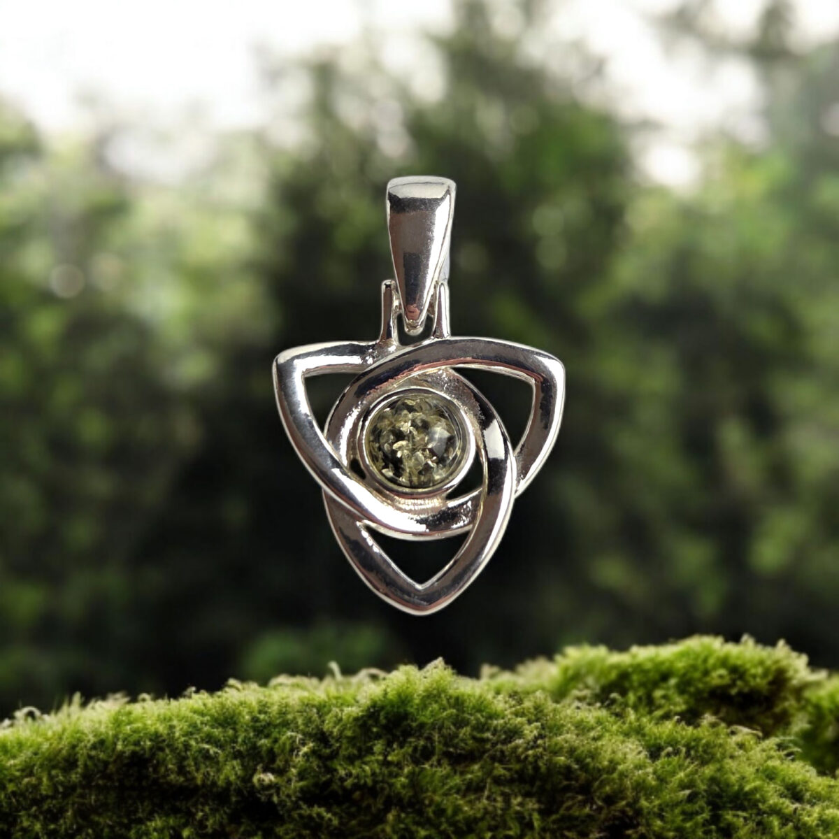 Celtic-Triangle-Knot-Pendant-Necklace-Silver-Green-Baltic-Amber-Gemstone-Stone-Irish-Jewelry-Gift-Women Celtic Triangle Knot Green Natural Amber Silver Teardrop Pendant Charm Necklace, Small Stone Drop Gemstone Irish Jewellery Gift