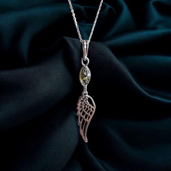 Guardian Angel Charm Necklace, Green Baltic Amber Silver Drop Angel Wing Women, Long Large Natural Amber Pendants, Protection Jewelry Gift