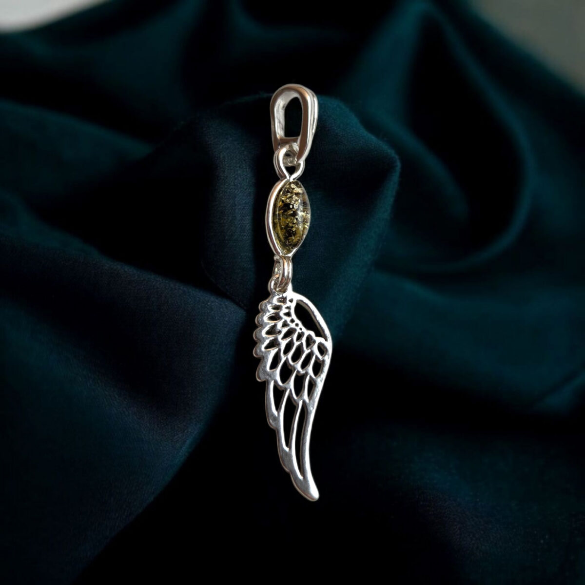 Guardian-Angel-Wings-Silver-Green-Amber-Pendant-Necklace-Jewelry-Long-Baltic-Amber-Green-Stone-Drop-Teardrop-Protection-Gift-Women Guardian Angel Wing Green Amber Silver Pendant - Image 3