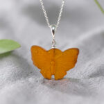 Natural Baltic Amber Butterfly Pendant Necklace Silver, Large Drop Teardrop Charm Gemstone Gift, Moth Lover Jewellery Women