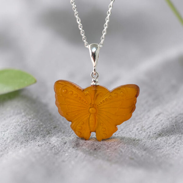 Natural Baltic Amber Butterfly Pendant Necklace Silver, Large Drop Teardrop Charm Gemstone Gift, Moth Lover Jewellery Women