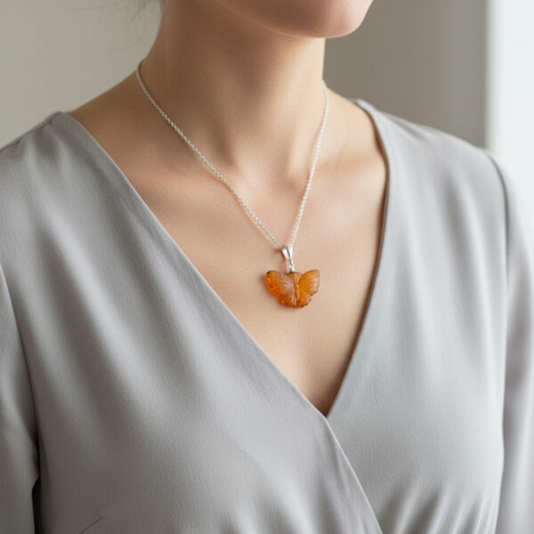 Natural Baltic Amber Butterfly Pendant Necklace Silver, Large Drop Teardrop Charm Gemstone, Moth Lover Jewellery Women