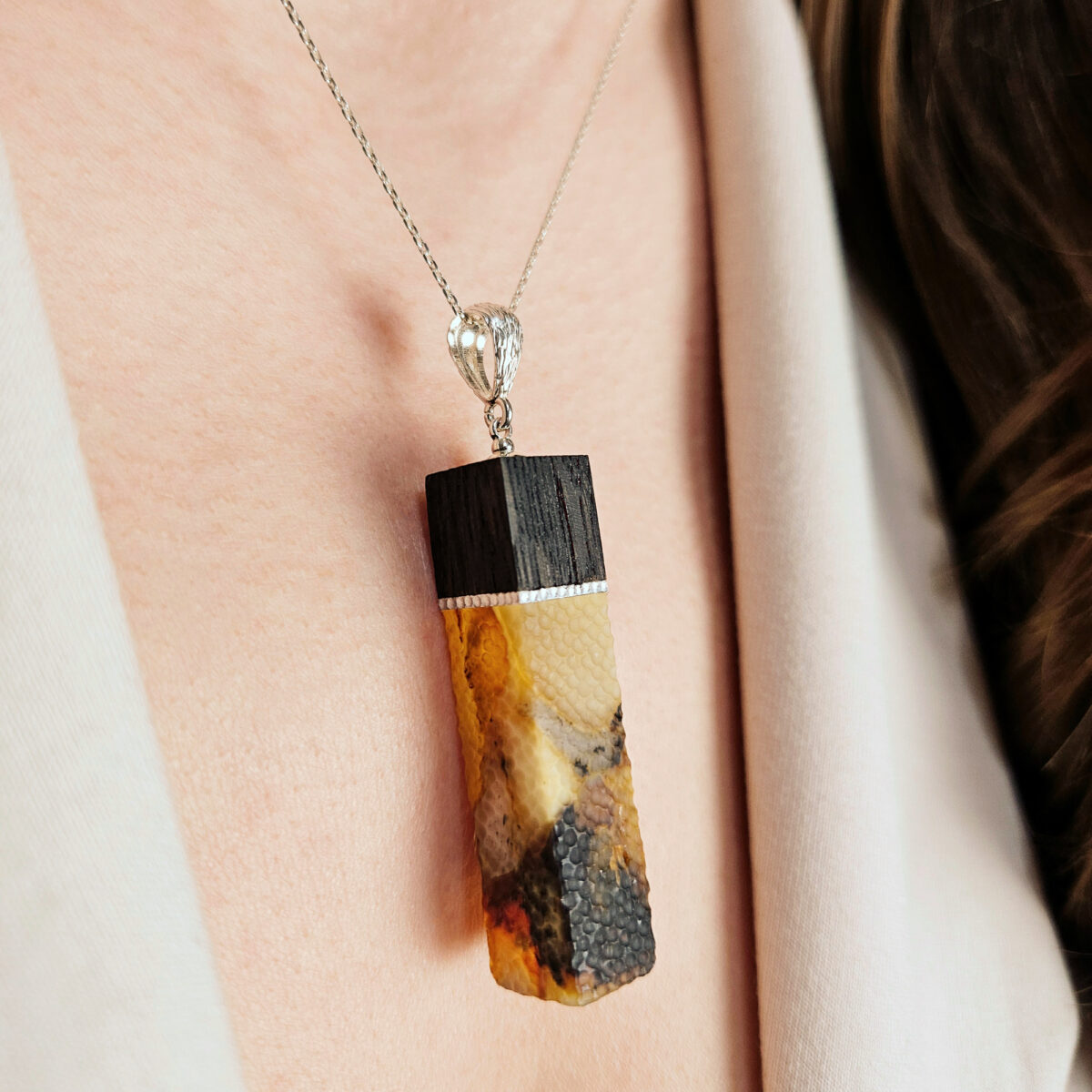 Large-Long-Baltic-Amber-Black-Oak-Wood-Pendant-Mens-Silver-Natural-Gemstone-Rectangle-Geometric-Jewellery-Necklace-for-Women CARVED Large Natural Baltic Amber Black Oak Wood Pendant Gemstone Silver Teardrop Gift, Rectangle Long Amber Drop Unisex Necklace Men Women