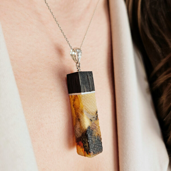 CARVED Large Natural Baltic Amber Black Oak Wood Pendant Gemstone Silver Teardrop Gift, Rectangle Long Amber Drop Unisex Necklace Men Women