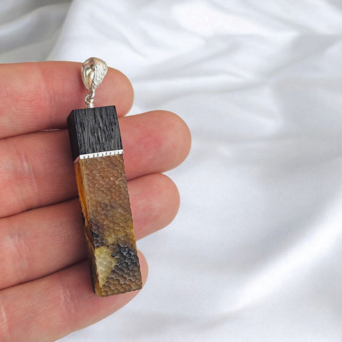 Large-Long-Baltic-Amber-Oak-Wood-Pendant-Silver-Natural-Gemstone-Rectangle-Geometric-Jewellery-Necklace-For-Men-Women-Unisex Black Swamp Oak Carved Amber Pendant - Image 6