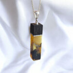 CARVED Large Natural Baltic Amber Black Oak Wood Pendant Gemstone Silver Teardrop Gift, Rectangle Long Amber Drop Unisex Necklace Men Women