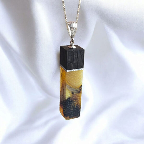 CARVED Large Natural Baltic Amber Black Oak Wood Pendant Gemstone Silver Teardrop Gift, Rectangle Long Amber Drop Unisex Necklace Men Women