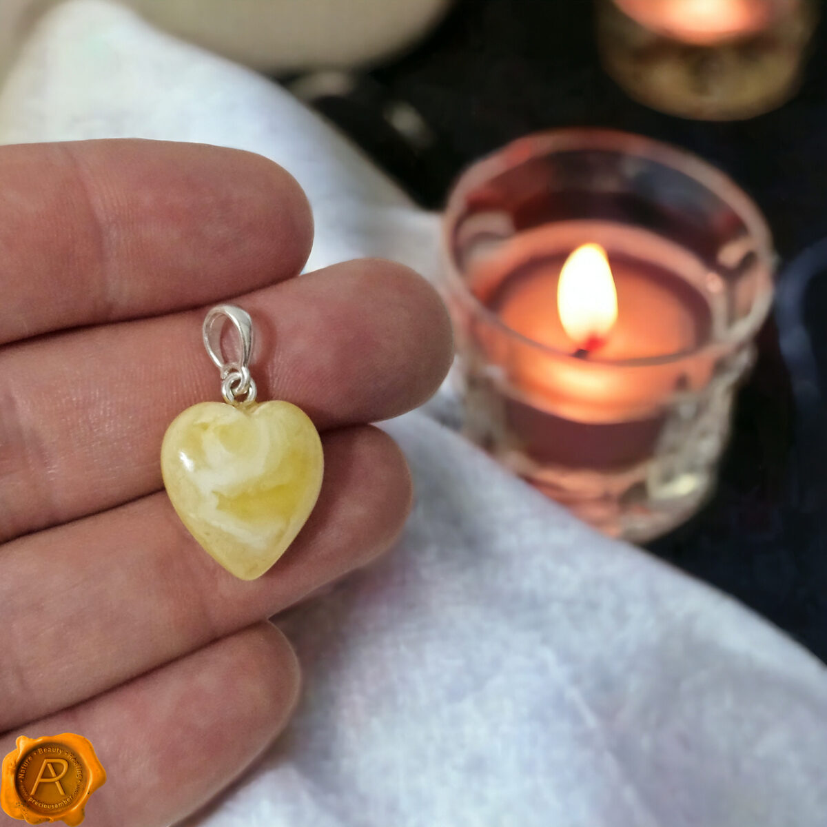 White Amber Heart Pendant - Image 2