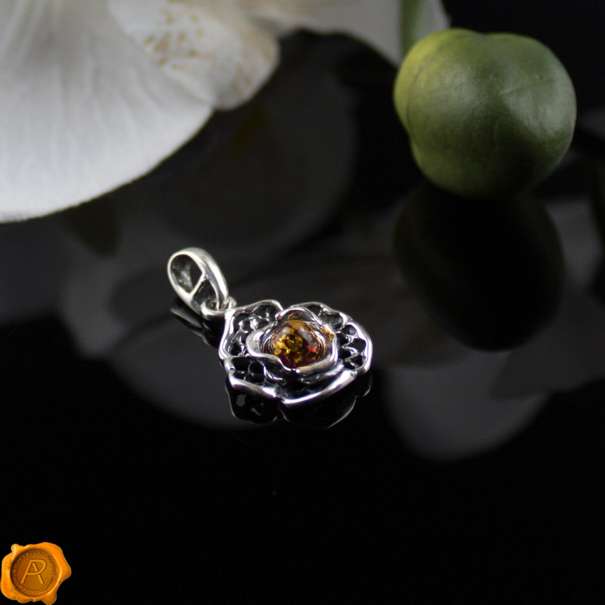 Rose Cognac Amber Pendant Dainty Amber Silver Flower - Image 2