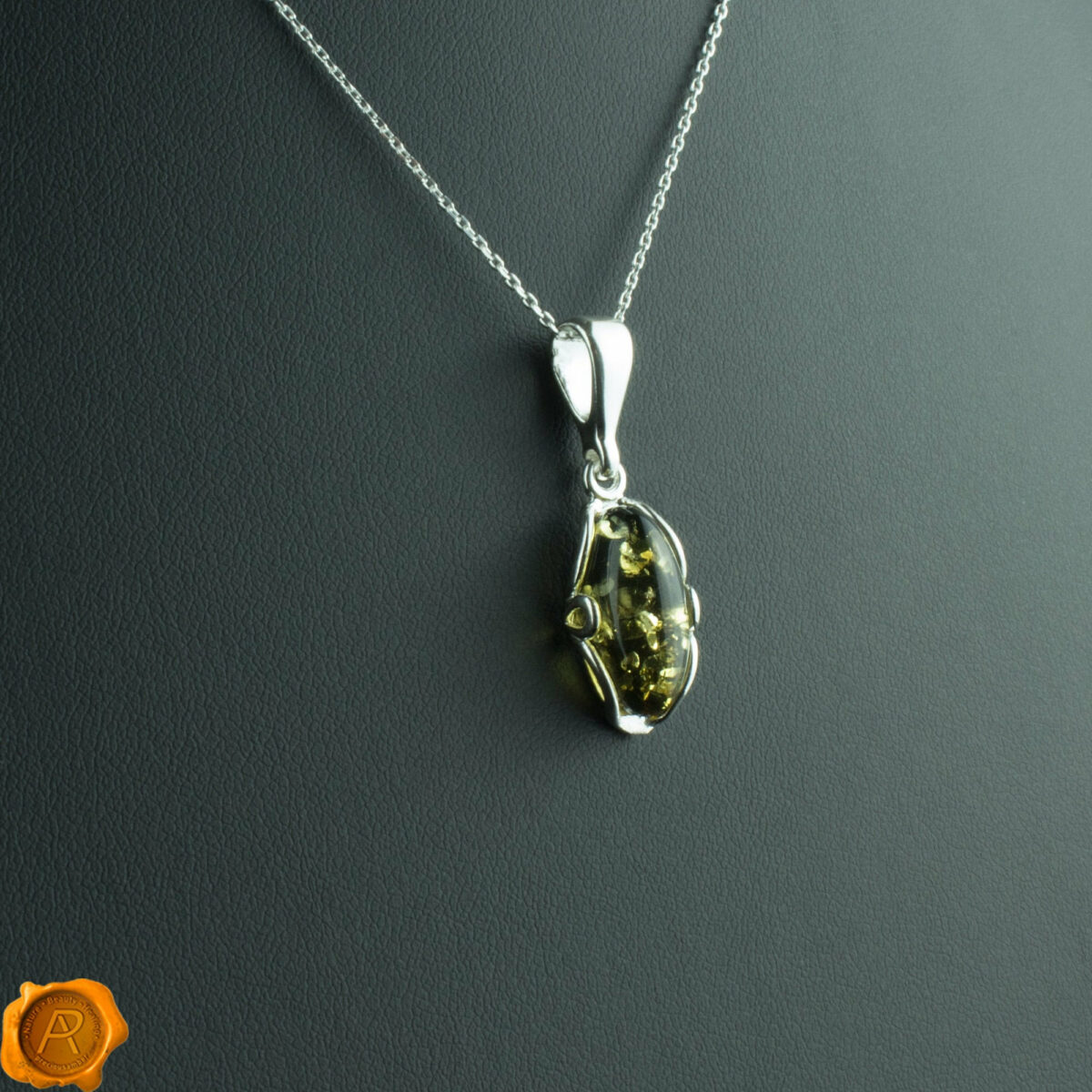 Green Amber Silver Pendant - Image 1
