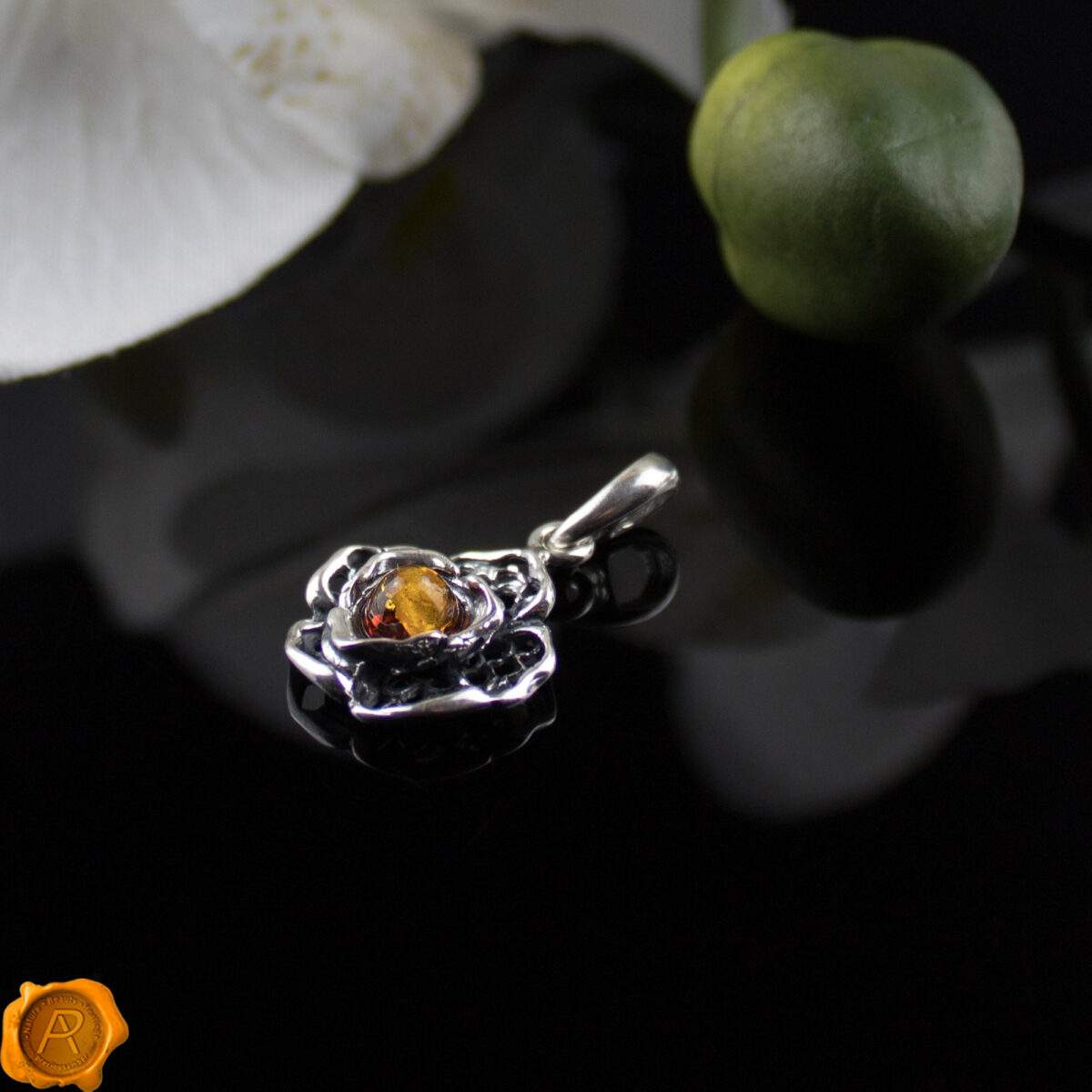 Rose Cognac Amber Pendant Dainty Amber Silver Flower - Image 3